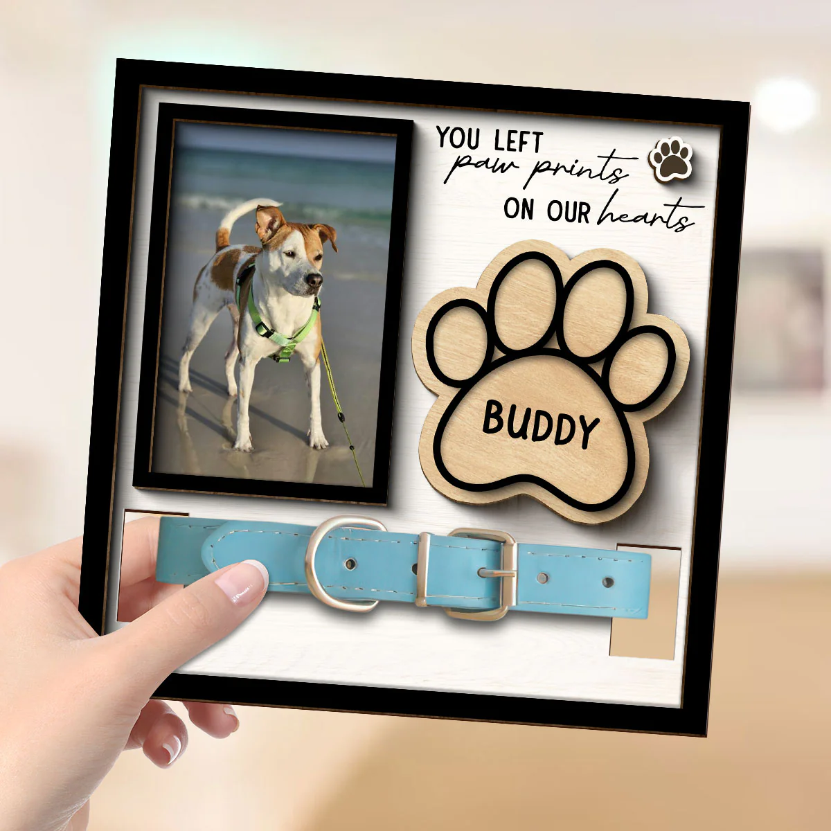 You Left Paw Prints On Our Hearts Photo Inserted Memorial Remembrance Gift Pet Collar Keepsake Personalized Wooden Pet Collar Holder - Image 4