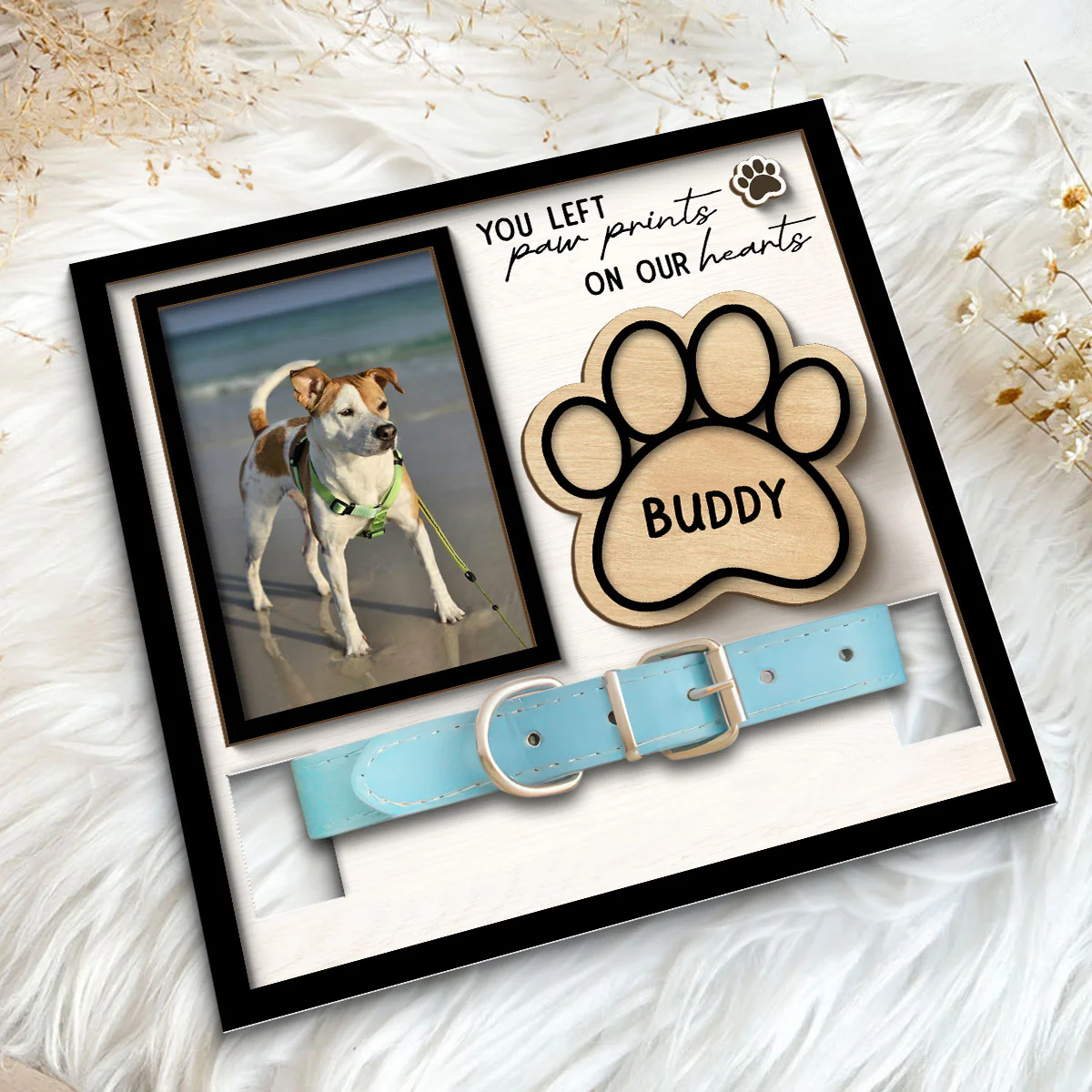 You Left Paw Prints On Our Hearts Photo Inserted Memorial Remembrance Gift Pet Collar Keepsake Personalized Wooden Pet Collar Holder - Image 5