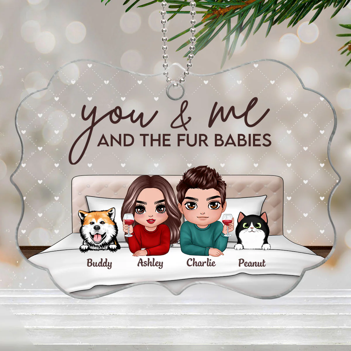 You Me And Fur Babies On Bed Couple Personalized Acrylic Ornament