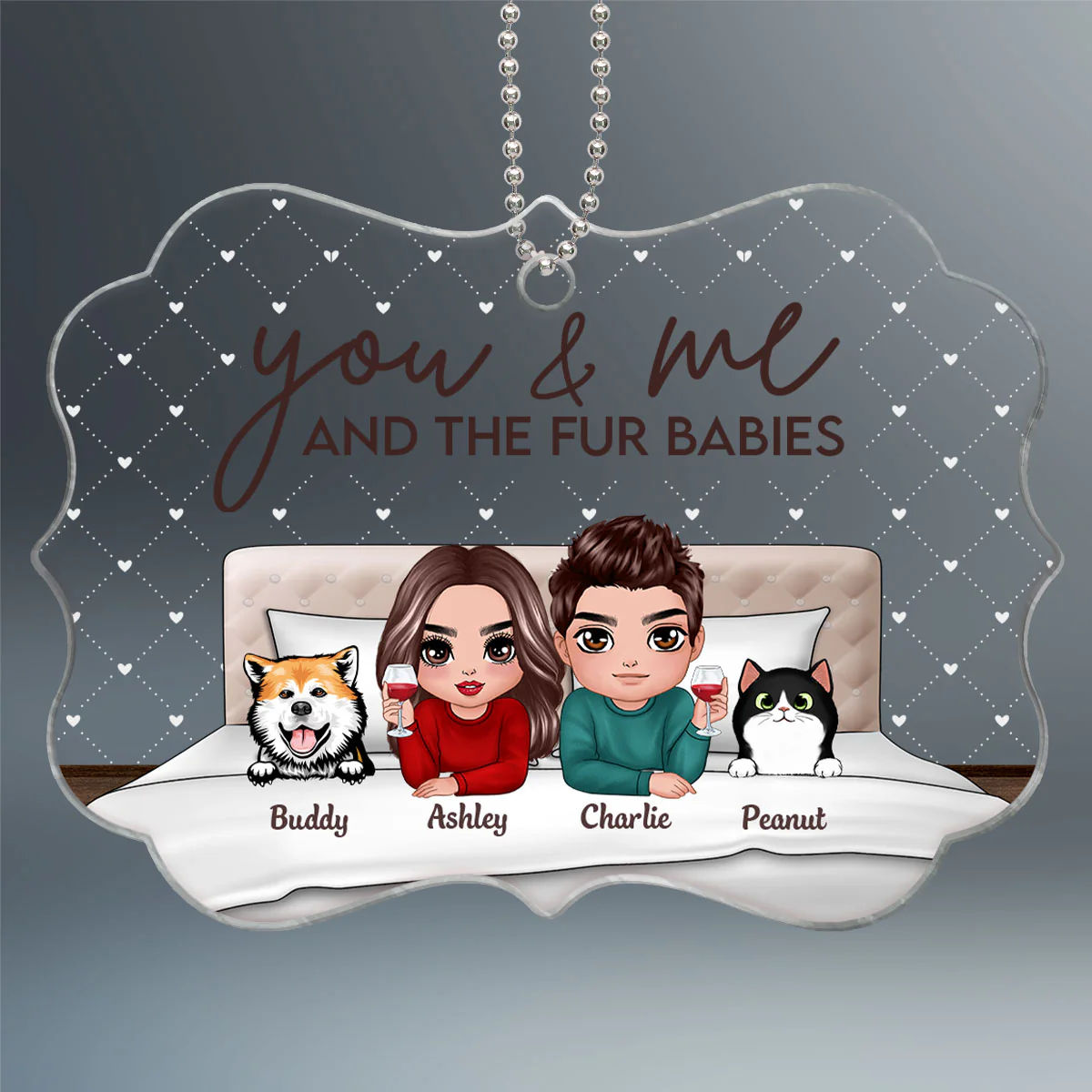 You Me And Fur Babies On Bed Couple Personalized Acrylic Ornament - Image 2