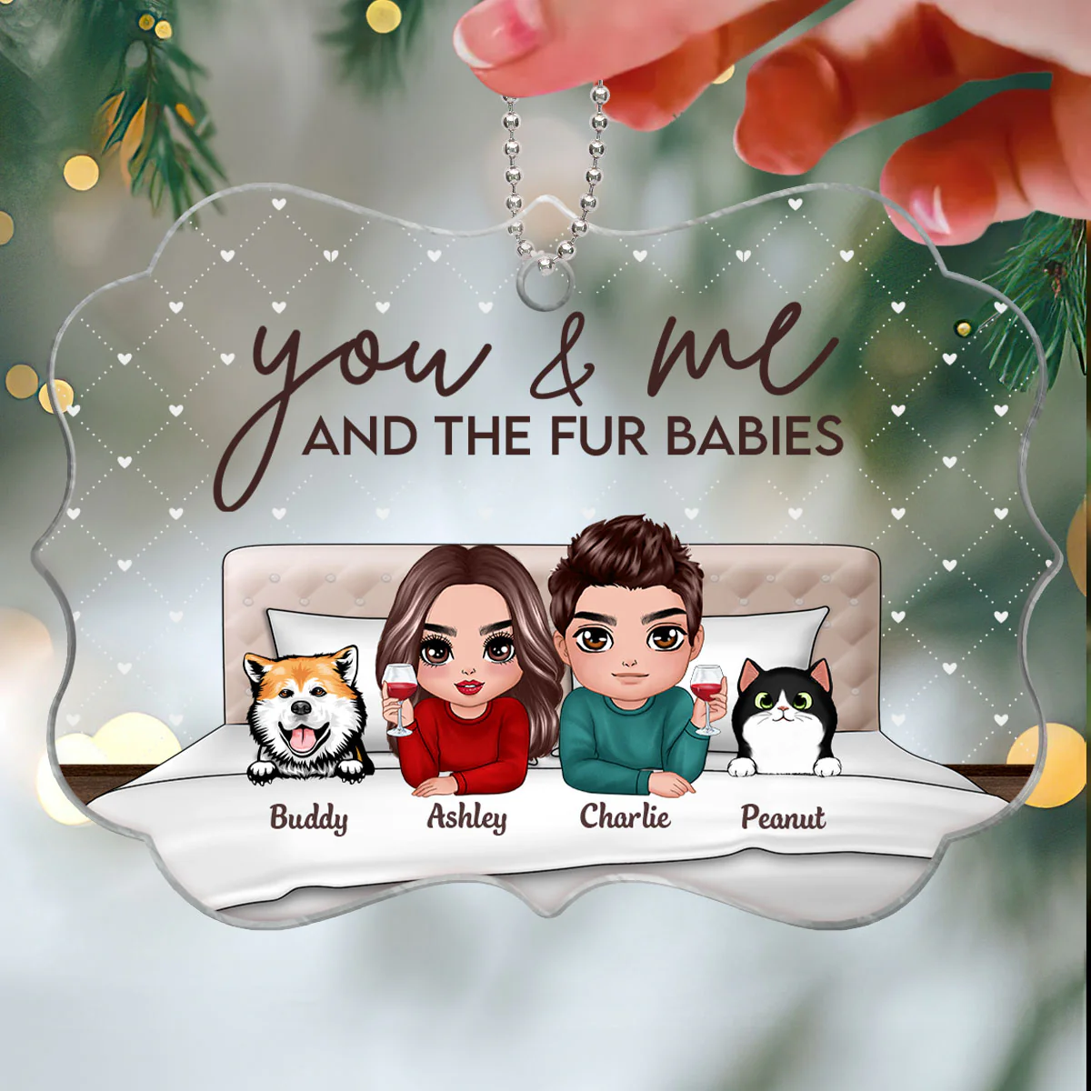 You Me And Fur Babies On Bed Couple Personalized Acrylic Ornament - Image 3