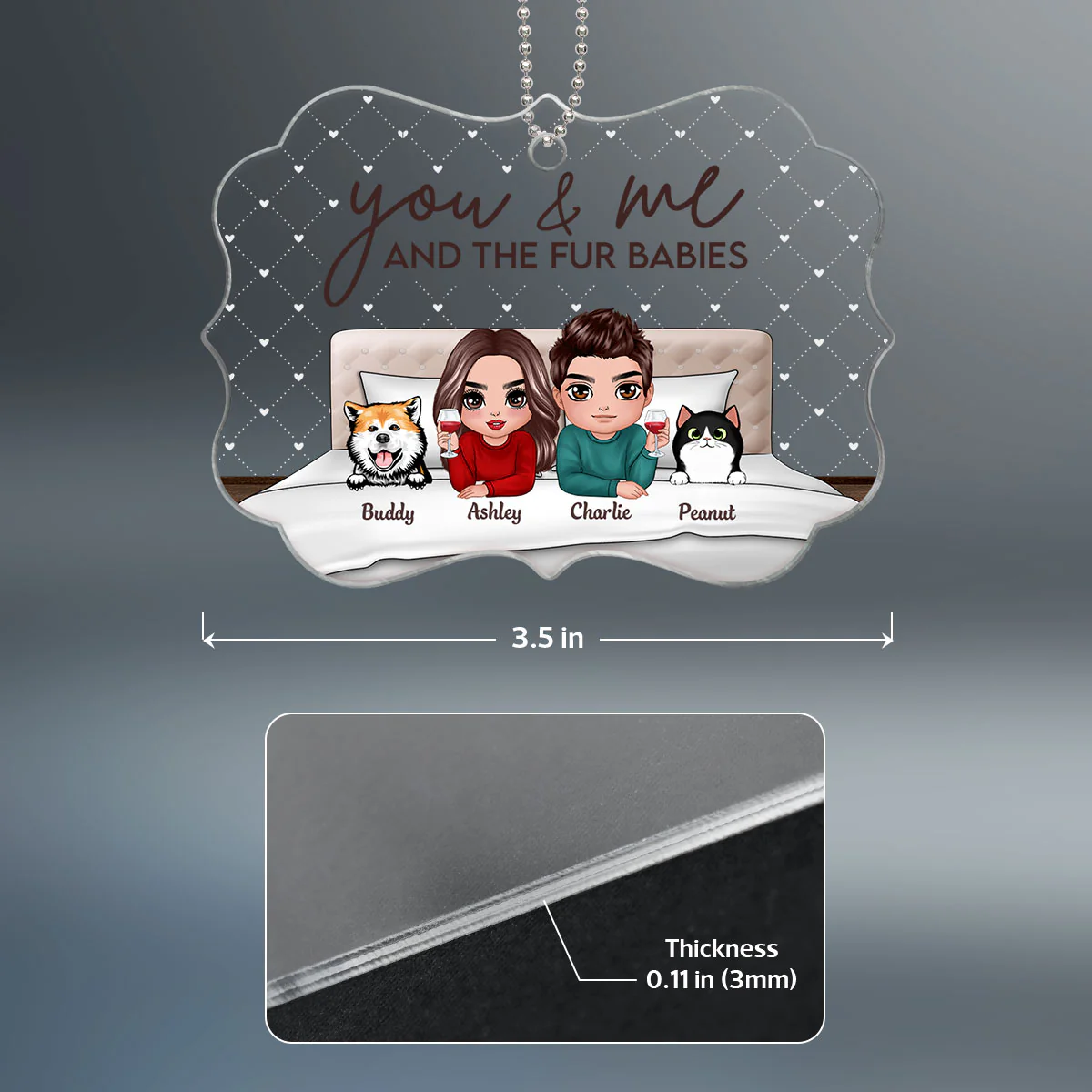 You Me And Fur Babies On Bed Couple Personalized Acrylic Ornament - Image 4