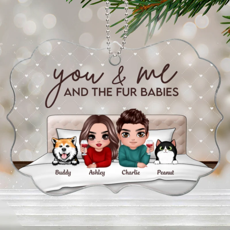 You Me And Fur Babies On Bed Couple Personalized Acrylic Ornament - Image 5
