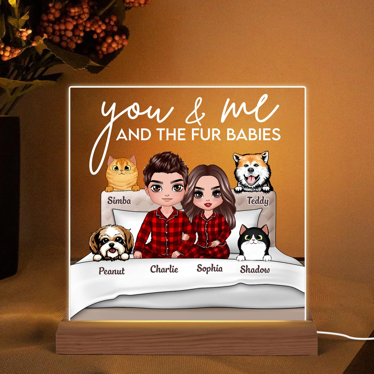 You Me And Fur Babies On Bed Personalized Custom Shape LED Night Light - Image 2