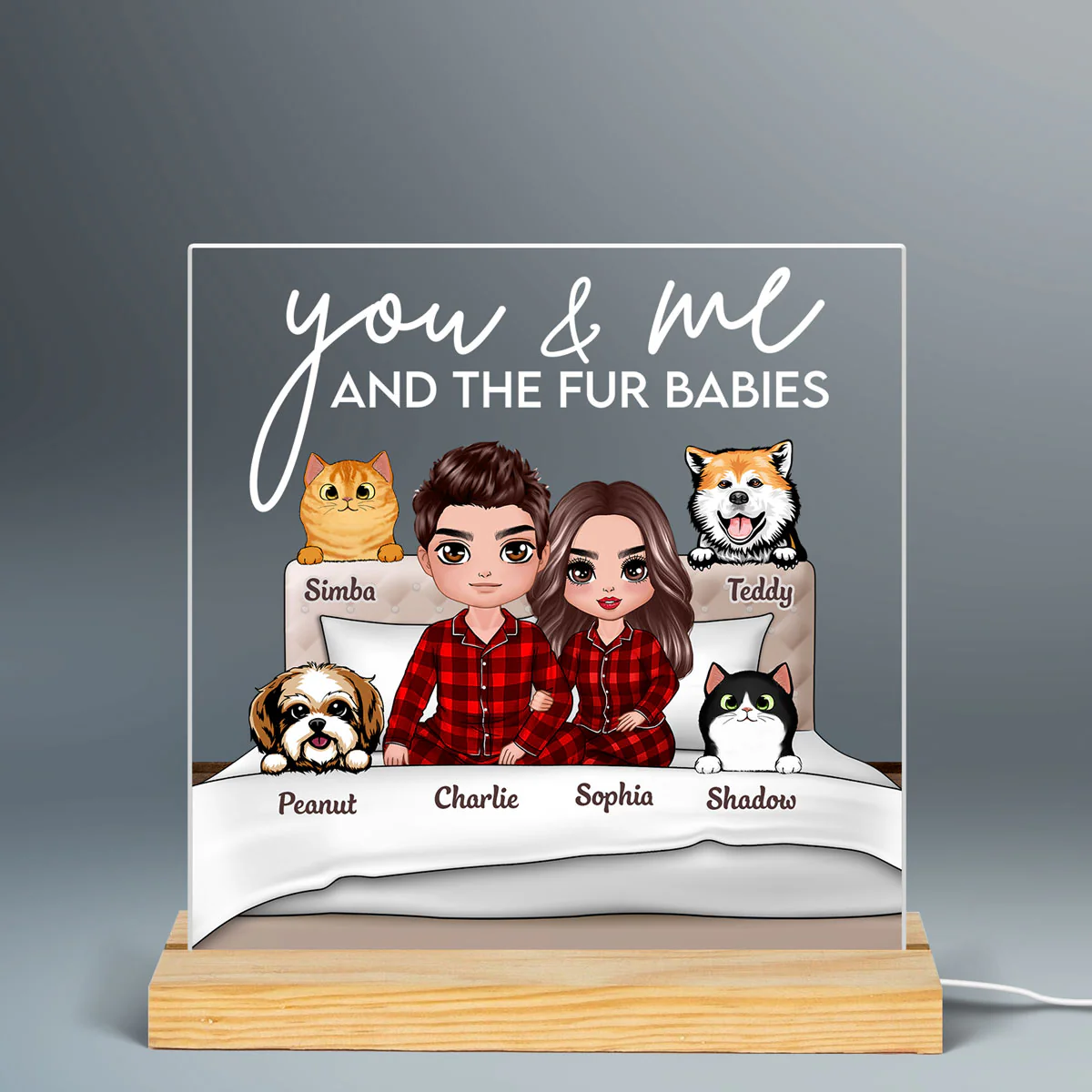 You Me And Fur Babies On Bed Personalized Custom Shape LED Night Light - Image 3