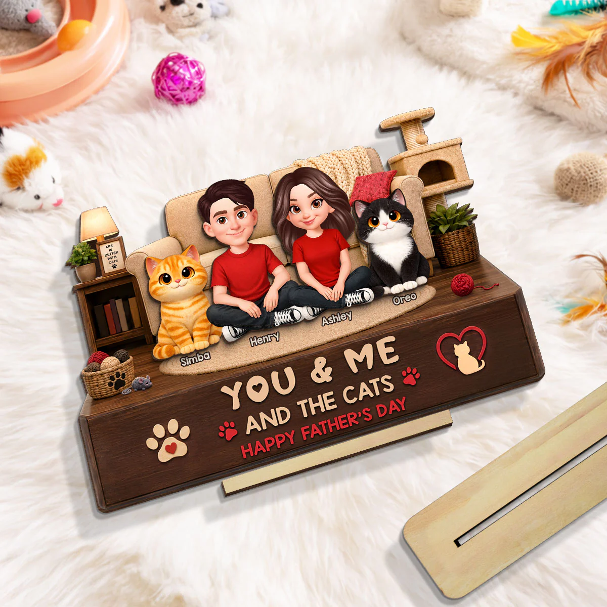You & Me And The Cats Cozy Room 2D Flat - Personalized 2-Layered Wooden Plaque - Gift For Cat Dad - Image 3