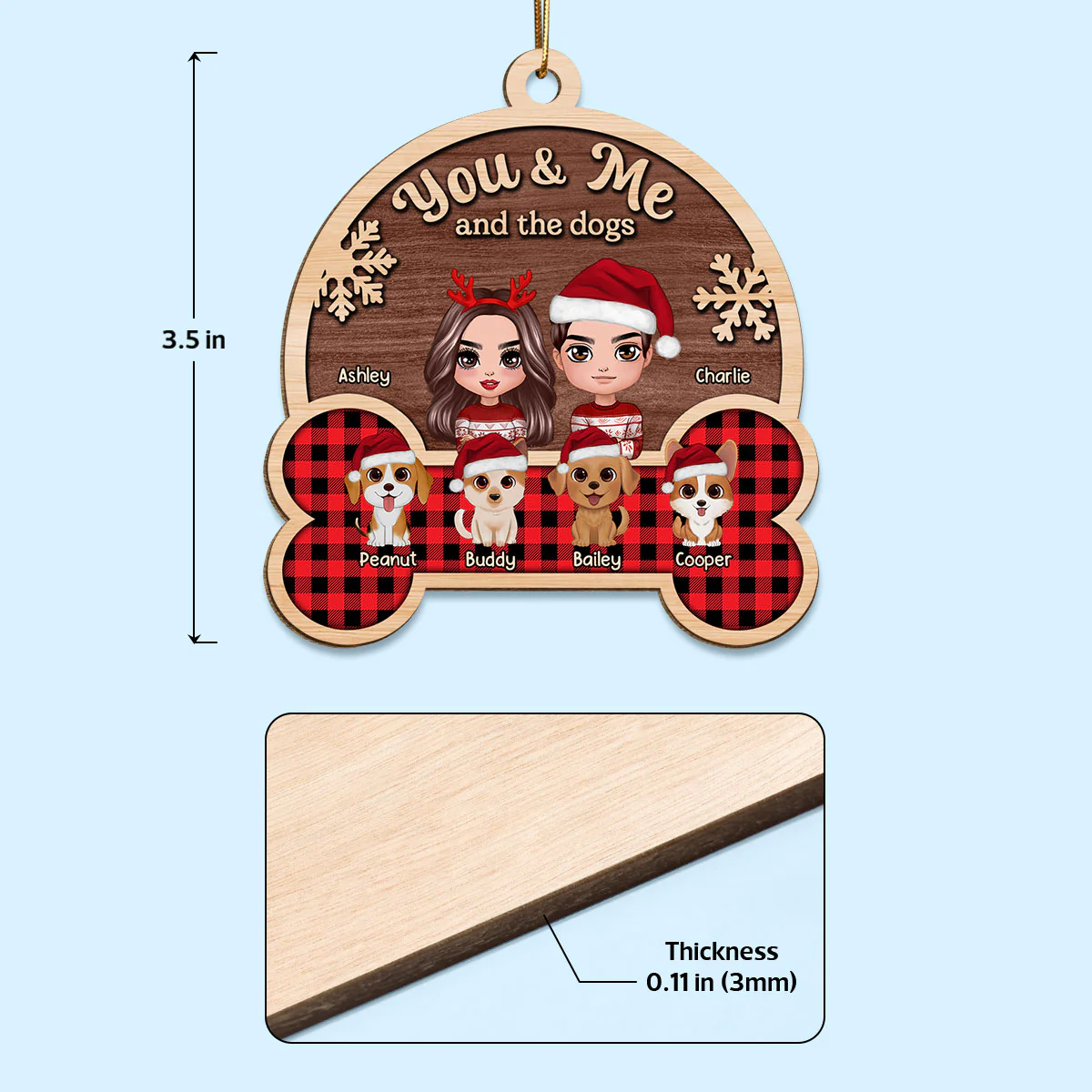 You Me And The Cute Dogs Checkered Patterned Personalized Wooden Ornament - Image 4