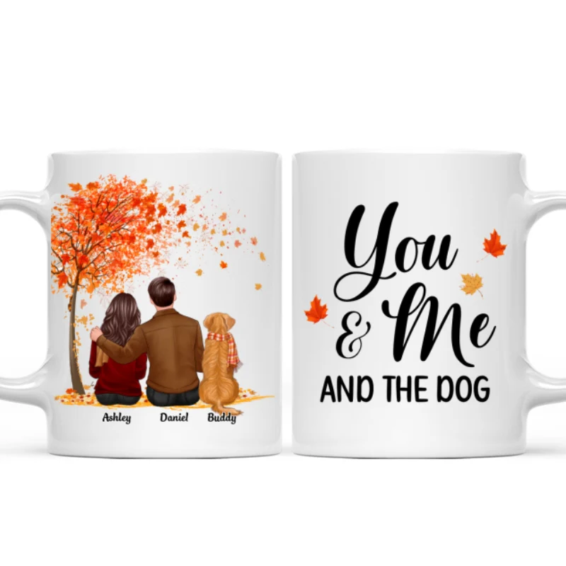 You Me And The Dog Cat Fall Season Couple Back View Pet Lover Personalized Mug - Image 4