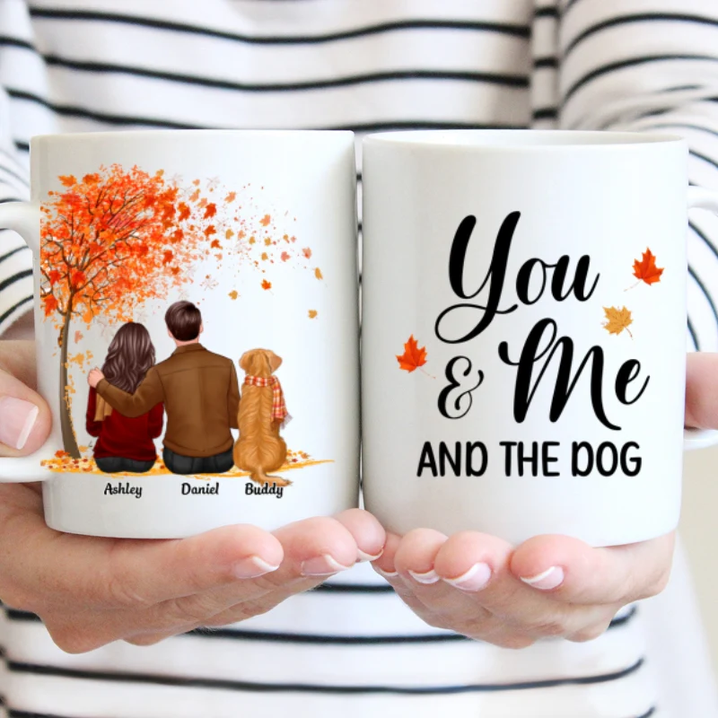You Me And The Dog Cat Fall Season Couple Back View Pet Lover Personalized Mug - Image 5