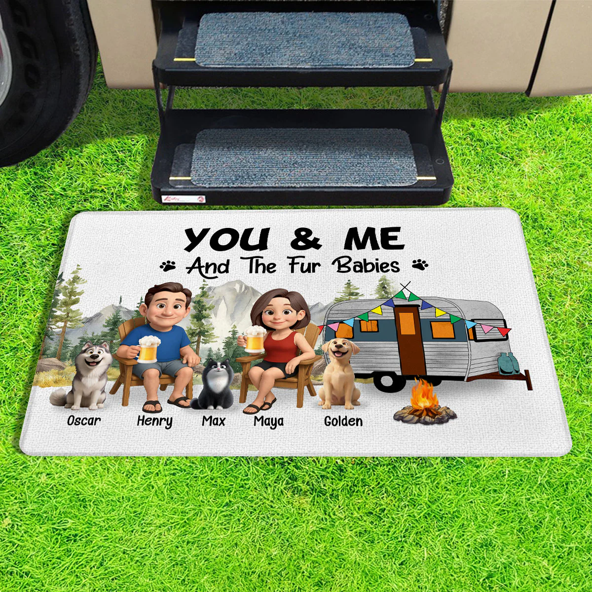 You Me And the Dogs Cats Camping Couple Personalized Doormat, Anniversary, Vacation Gift For Campers - Image 2