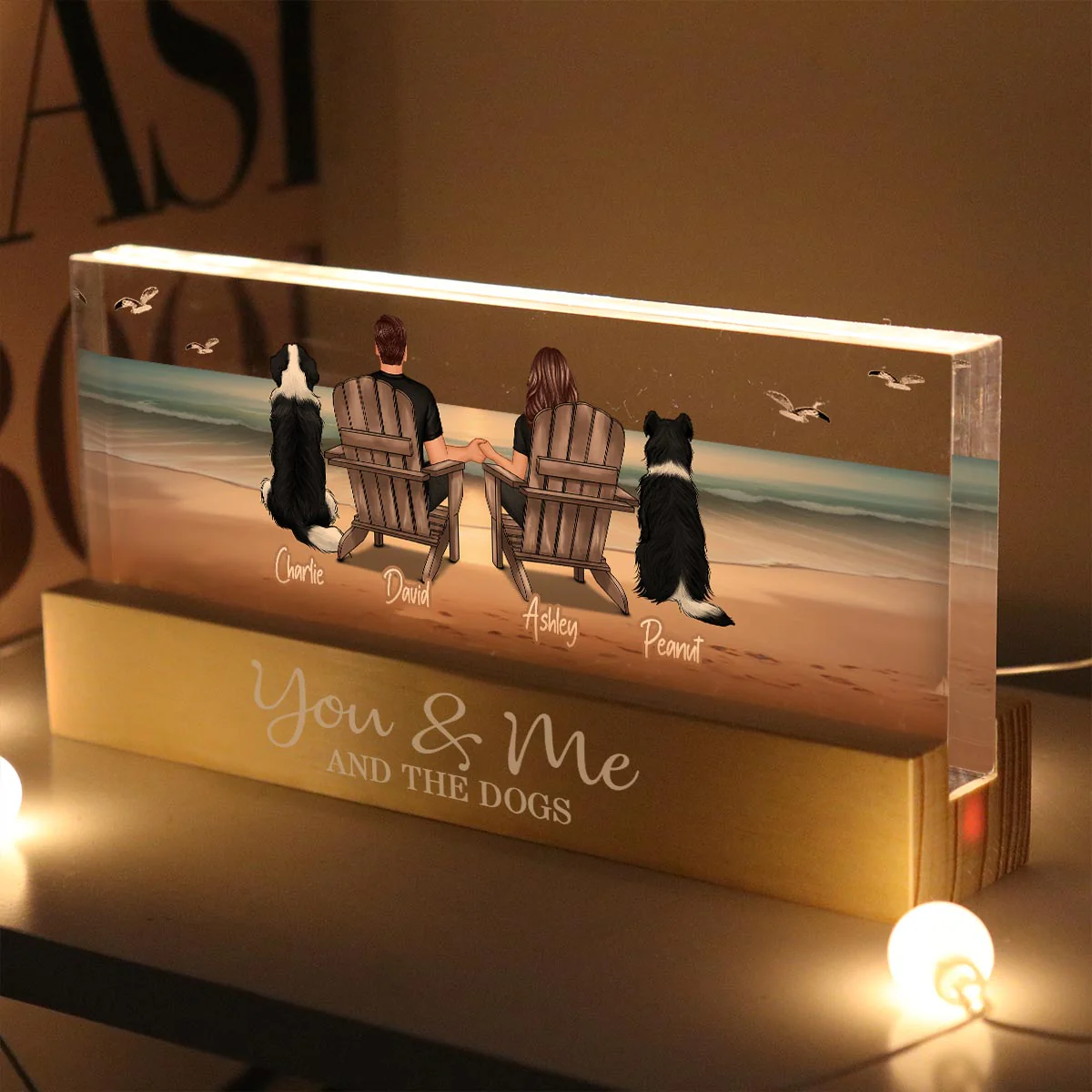 You Me And The Dogs Cats Couple Realistic Beach Landscape Personalized Acrylic Block LED Night Light - Image 4