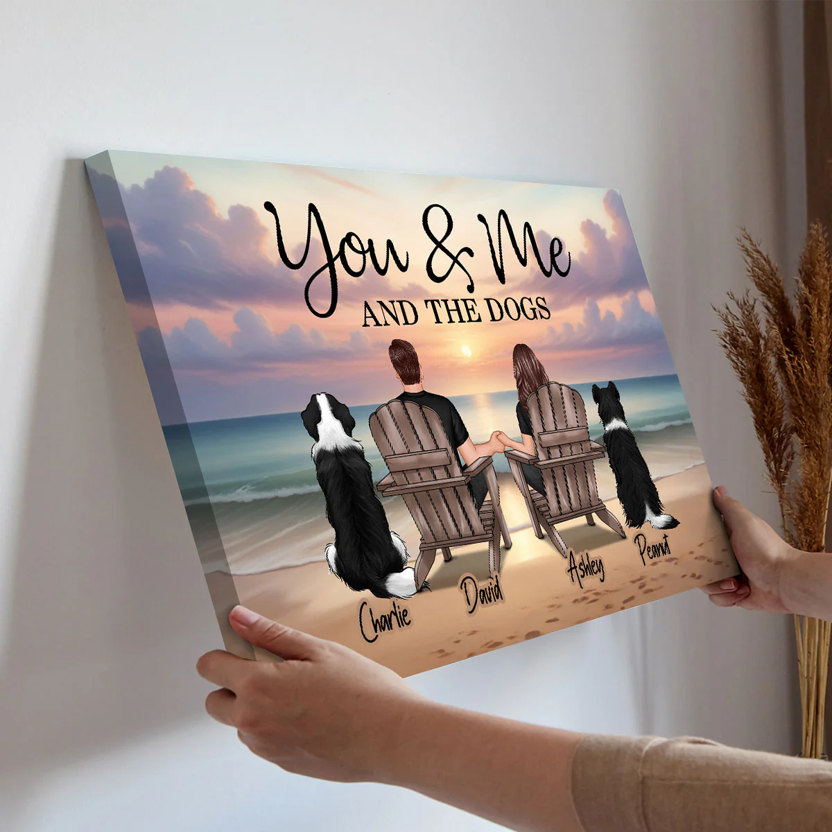 You Me And The Dogs Cats Couple Realistic Beach Landscape Personalized Canvas, Gift For Him, For Her - Image 2