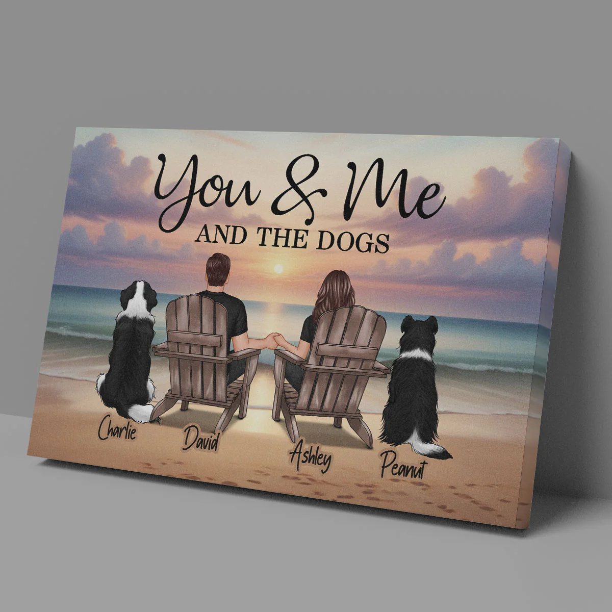 You Me And The Dogs Cats Couple Realistic Beach Landscape Personalized Canvas, Gift For Him, For Her - Image 6