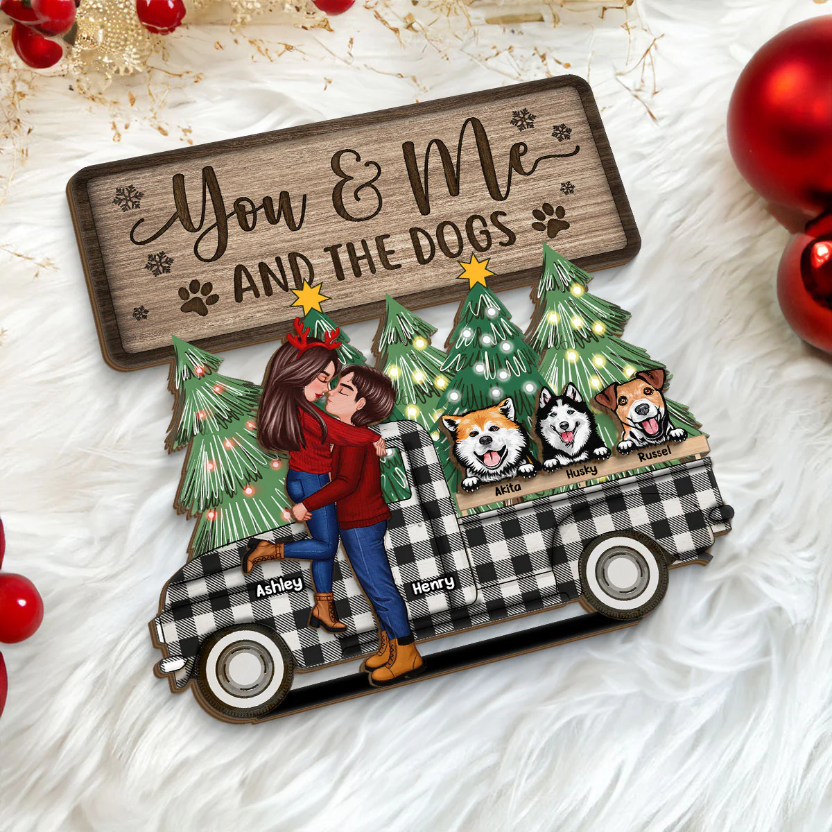 You Me And The Dogs Christmas Truck Personalized 2-Layer Standing Wooden Plaque - Image 5