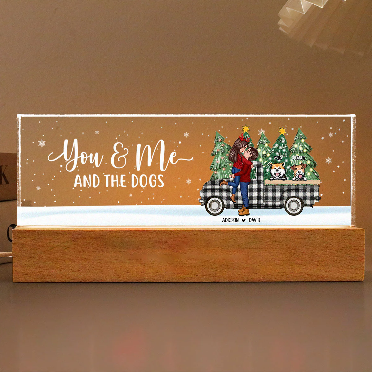 You Me And The Dogs Christmas Truck Personalized Acrylic Block LED Night Light, Christmas Gift for Couples - Image 3