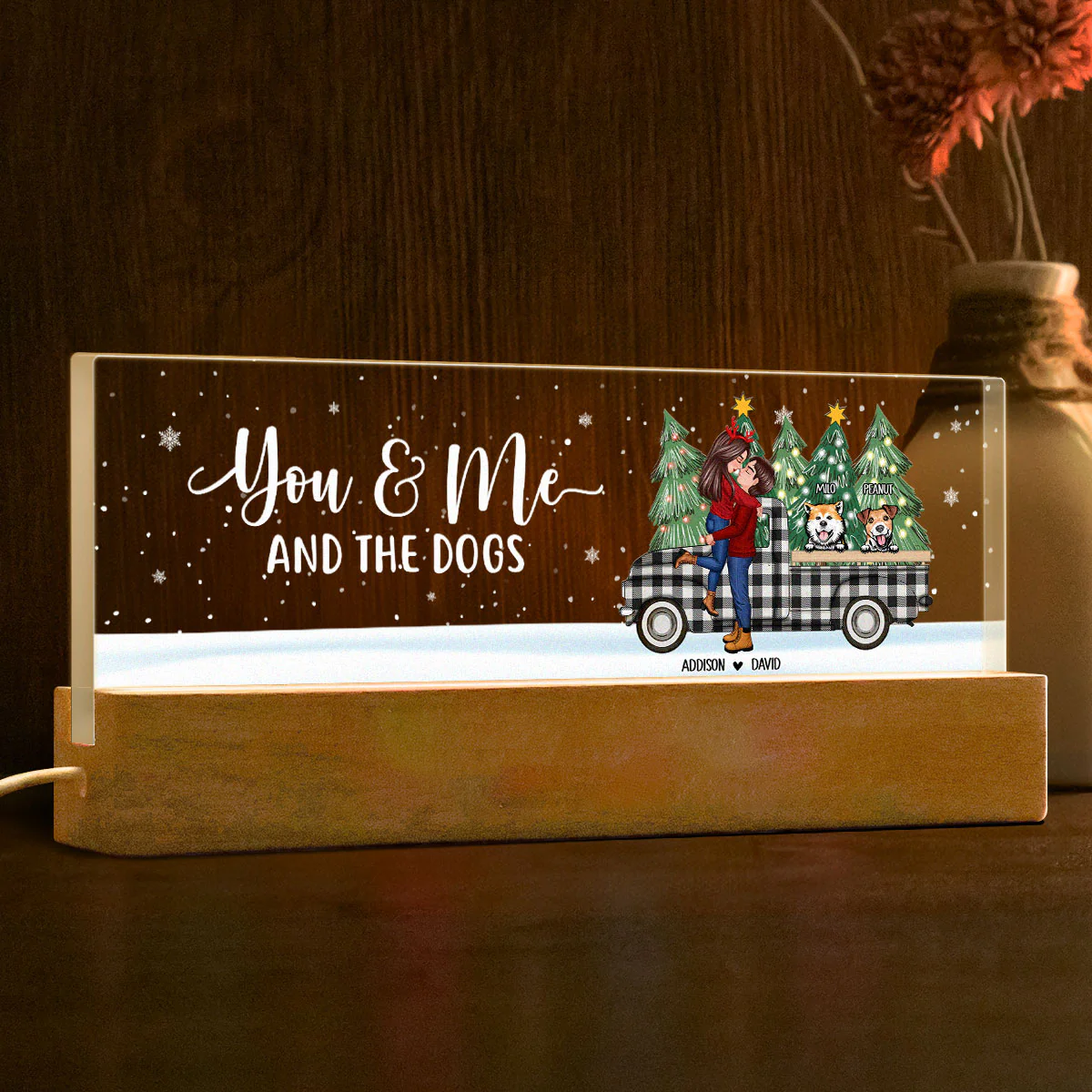 You Me And The Dogs Christmas Truck Personalized Acrylic Block LED Night Light, Christmas Gift for Couples - Image 5