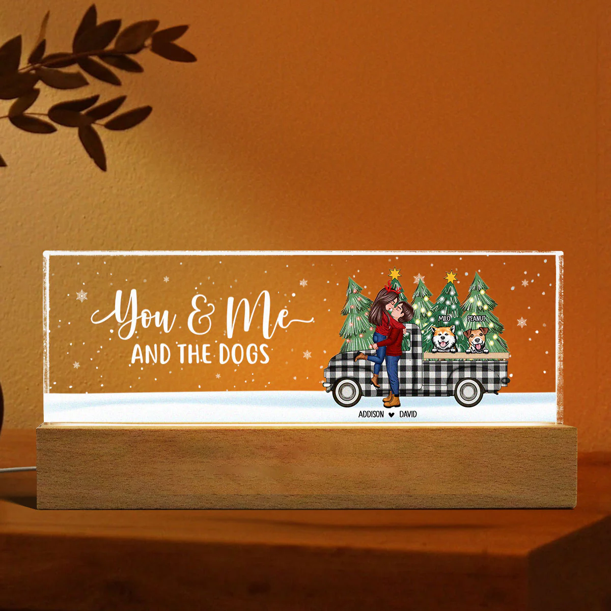 You Me And The Dogs Christmas Truck Personalized Acrylic Block LED Night Light, Christmas Gift for Couples - Image 6