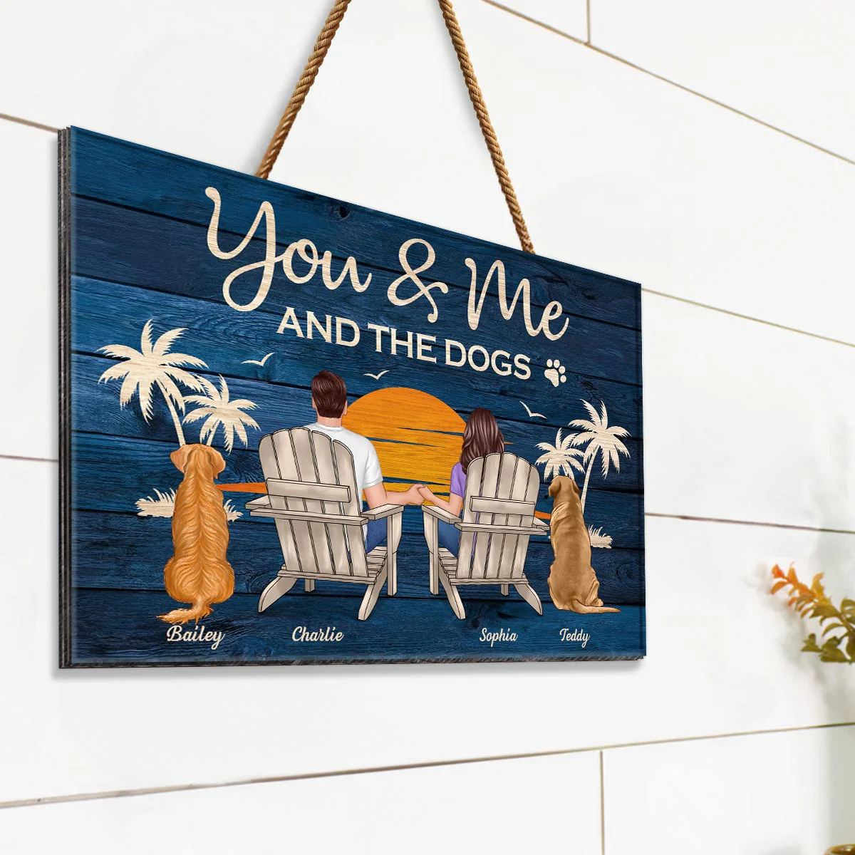 You & Me and The Dogs Couple Sitting Personalized Wood Sign - Image 2