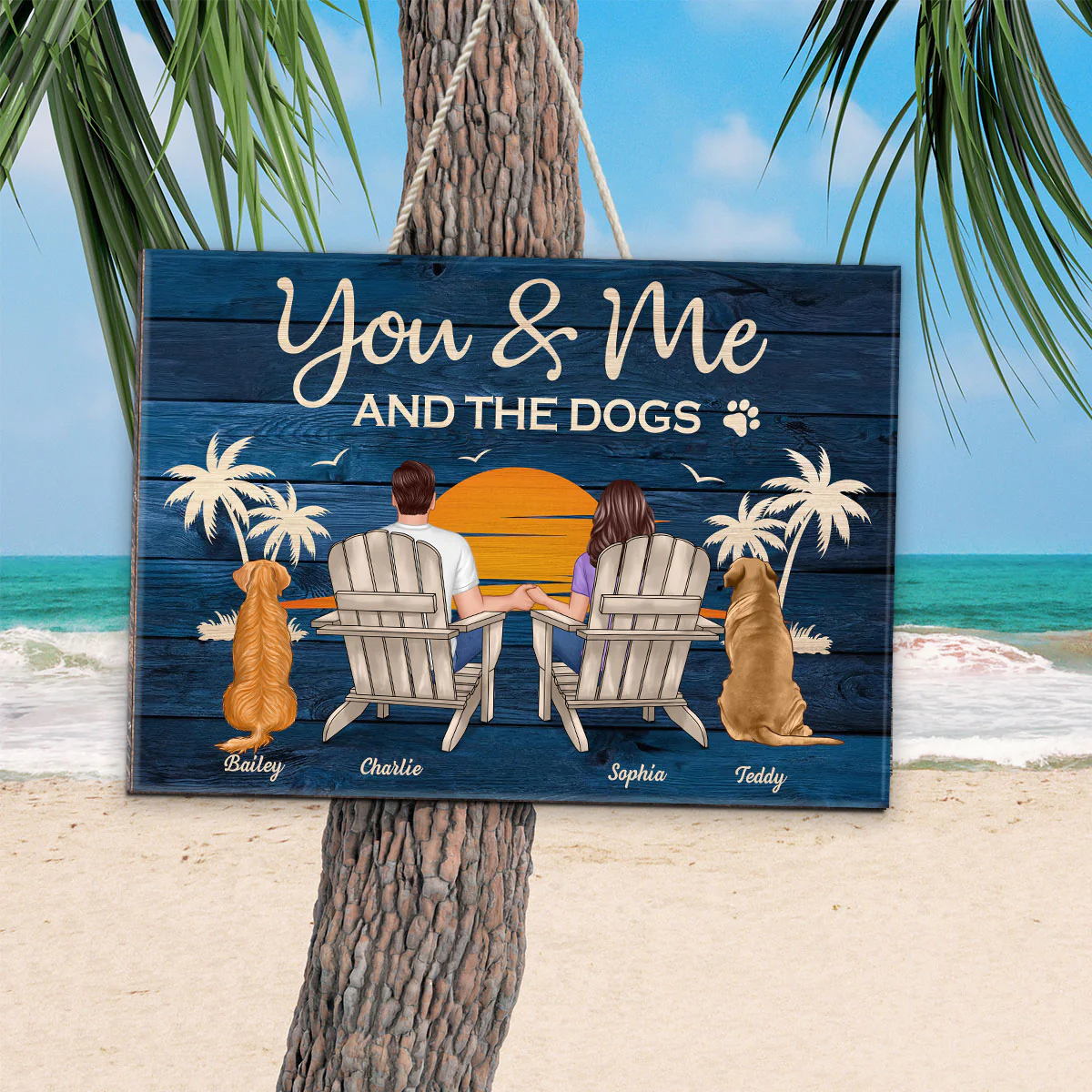 You & Me and The Dogs Couple Sitting Personalized Wood Sign - Image 3