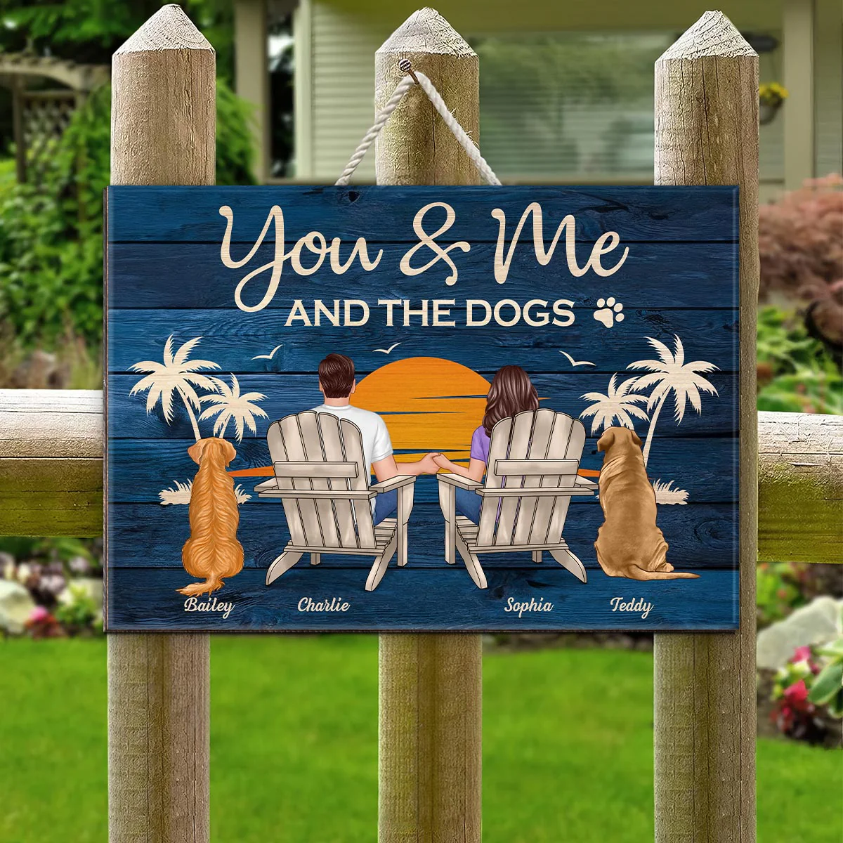 You & Me and The Dogs Couple Sitting Personalized Wood Sign - Image 5
