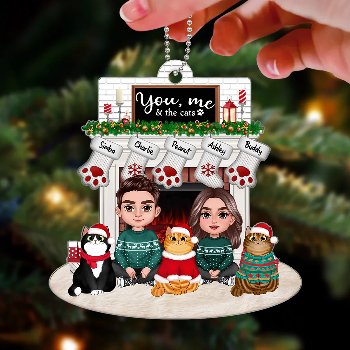 You Me & The Cats Couple Crossed Legs & Fluffy Cats Sitting At Christmas Fireplace Personalized Acrylic Ornament - Image 3