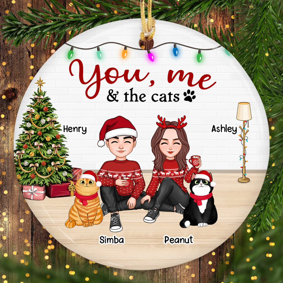 You Me & The Cats Cute Doll Couple Personalized Circle Ornament - Image 3