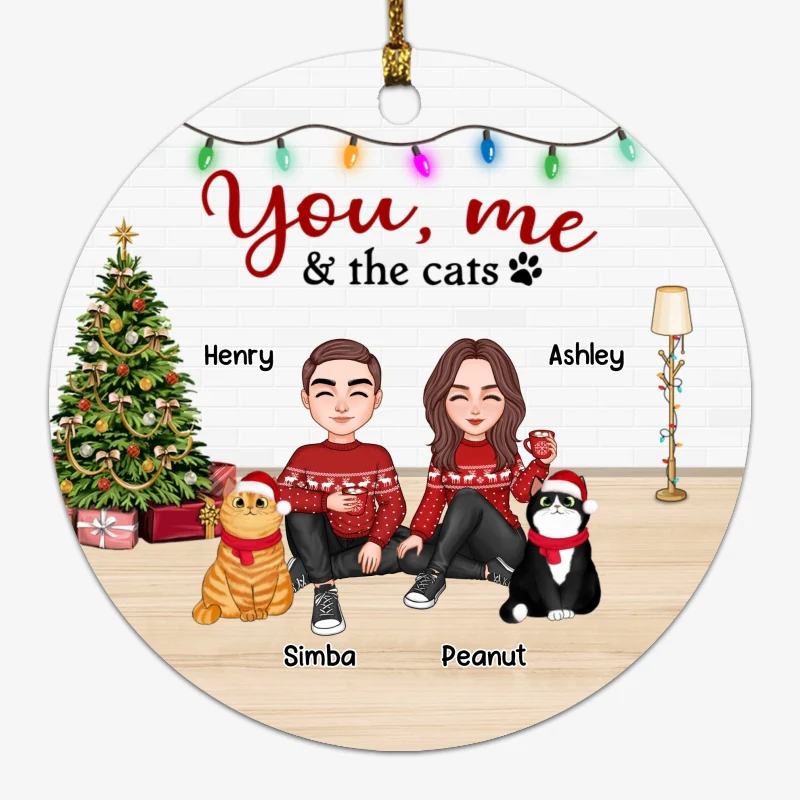 You Me & The Cats Cute Doll Couple Personalized Circle Ornament - Image 5