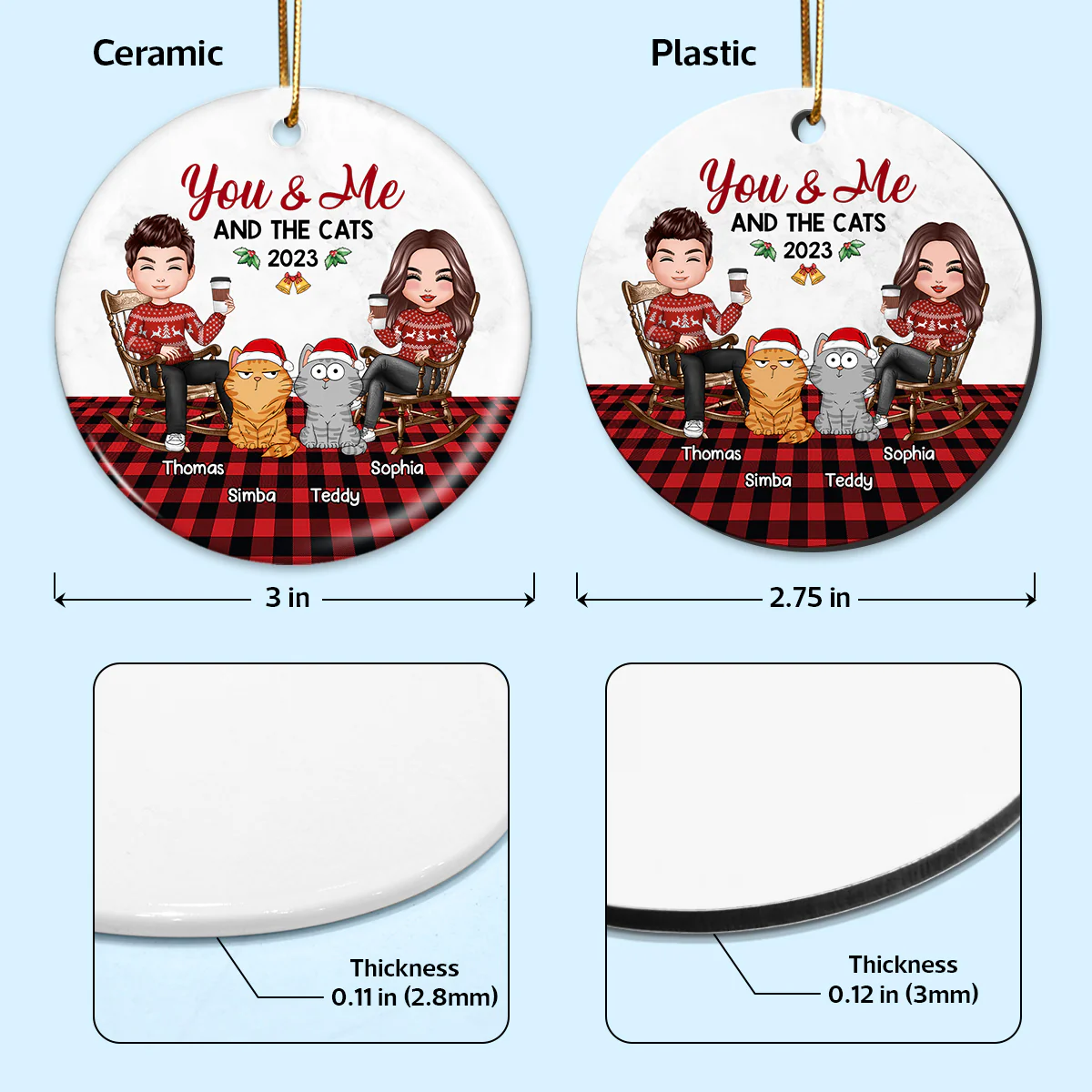 You Me & The Cats Doll Couple Checkered Pattern Personalized Circle Ornament - Image 5