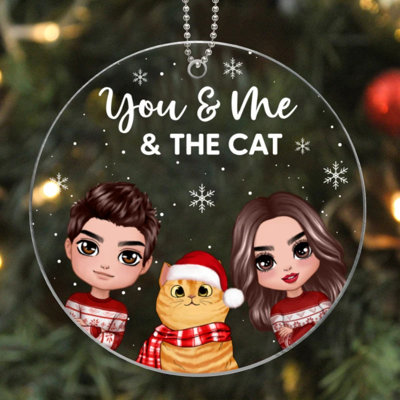 You Me & The Cats Doll Couple Peeking With Fluffy Cat Personalized Circle Acrylic Ornament - Image 5