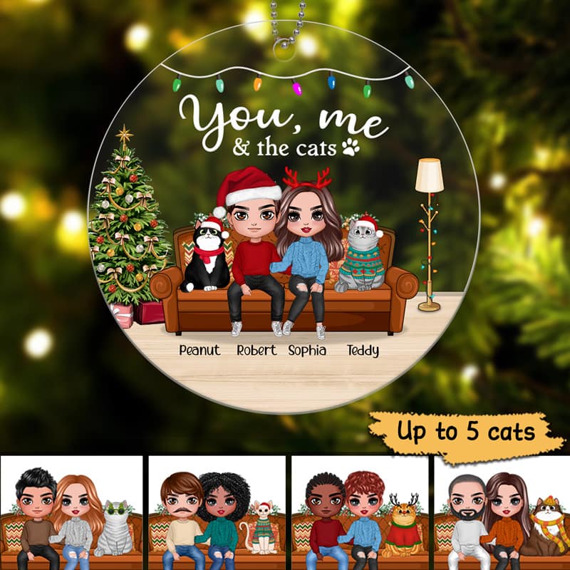 You Me & The Cats On Sofa Christmas Personalized Acrylic Ornament - Image 2