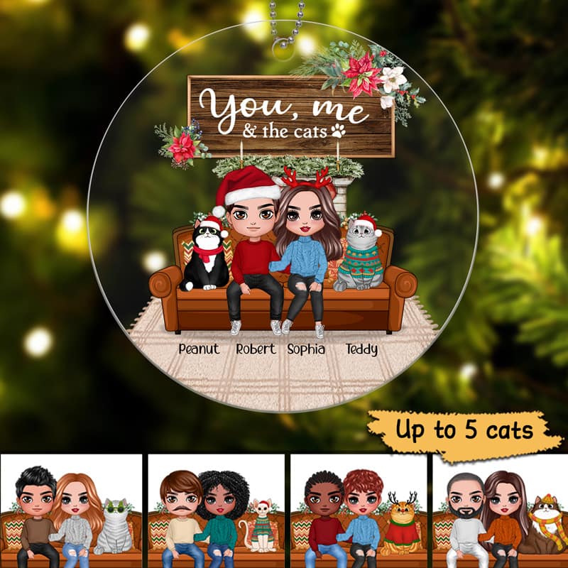 You Me & The Cats On Sofa Christmas Personalized Acrylic Ornament - Image 3