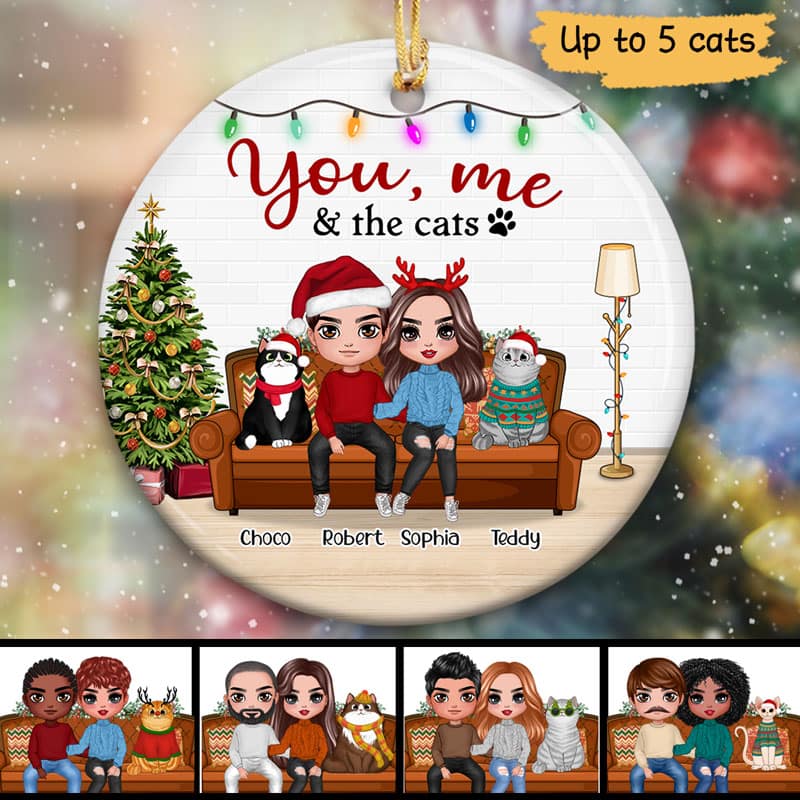 You Me & The Cats On Sofa Christmas Personalized Circle Ornament - Image 2