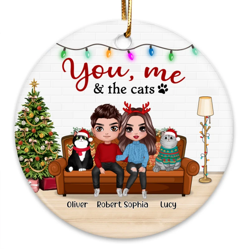 You Me & The Cats On Sofa Christmas Personalized Circle Ornament - Image 3