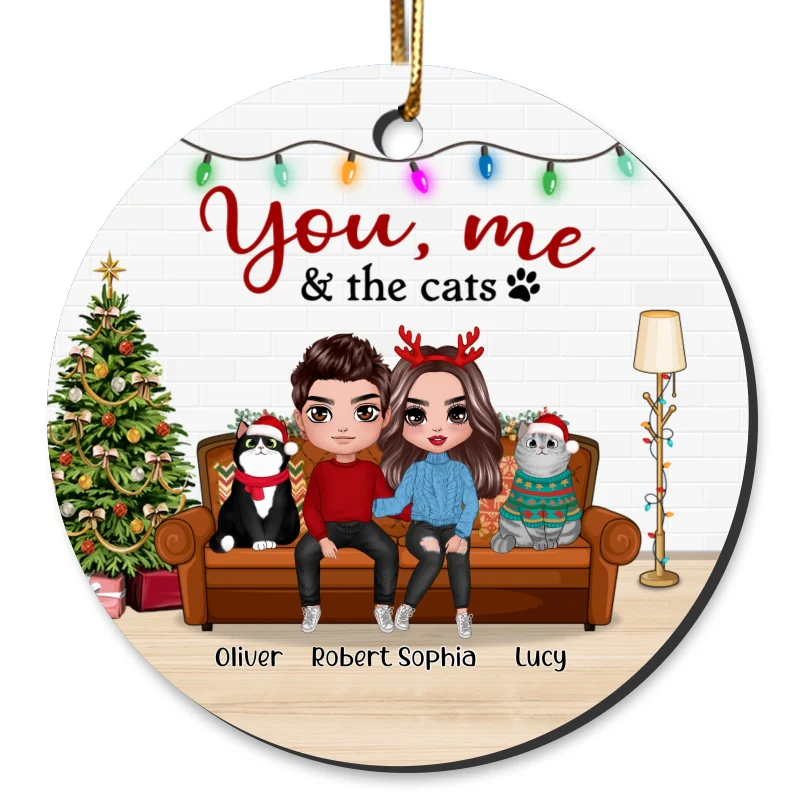 You Me & The Cats On Sofa Christmas Personalized Circle Ornament - Image 4