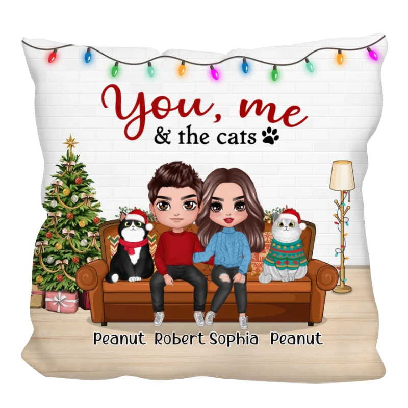 You Me & The Cats On Sofa Christmas Personalized Pillow (Insert Included)