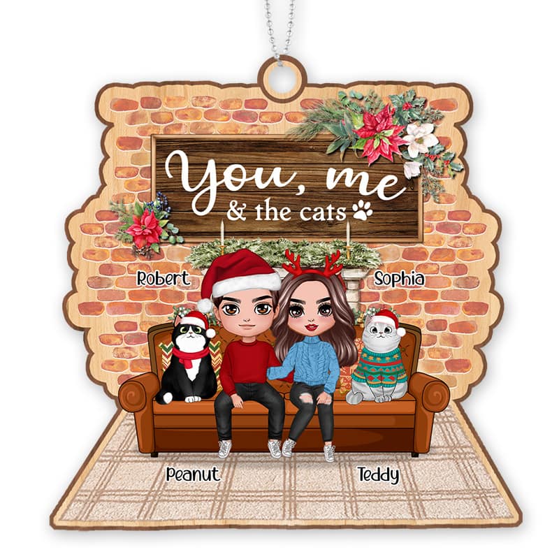 You Me & The Cats On Sofa Personalized Wooden Ornament