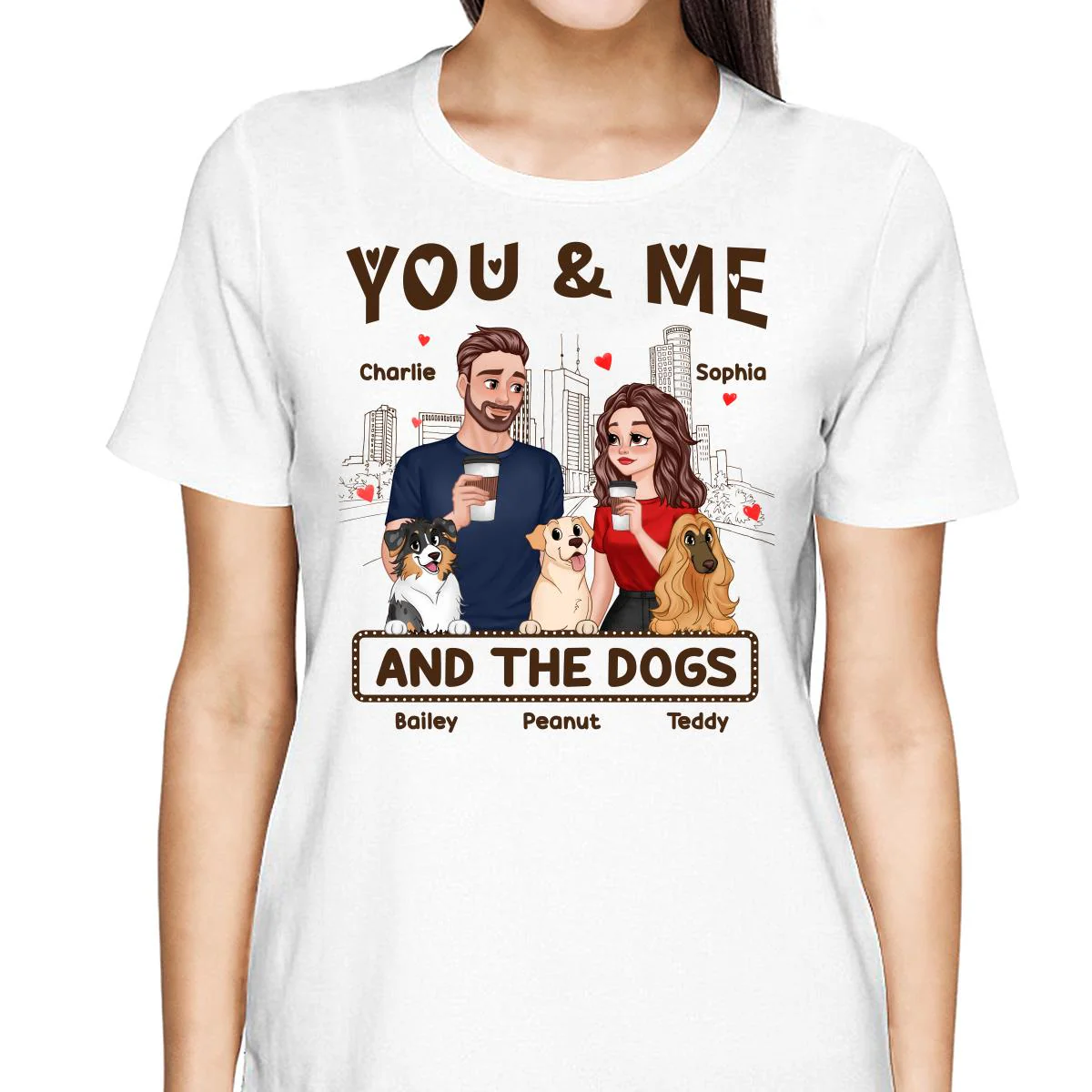 You Me & The Dog Cartoon Couple Hand In Hand Personalized Shirt - Image 2