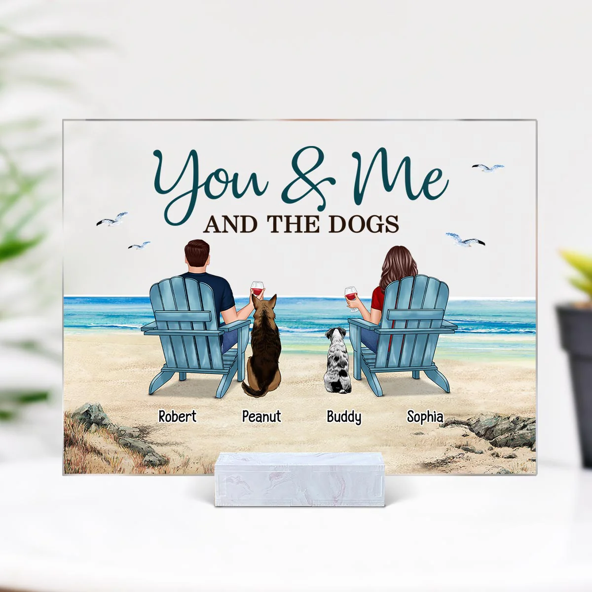 You Me & The Dogs Back View Couple Beach Landscape Personalized Acrylic Plaque