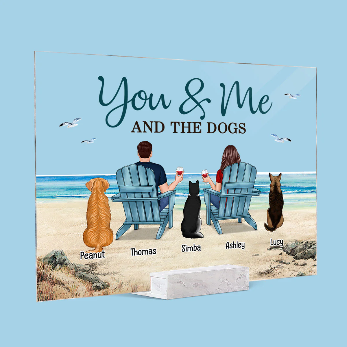 You Me & The Dogs Back View Couple Beach Landscape Personalized Acrylic Plaque - Image 2