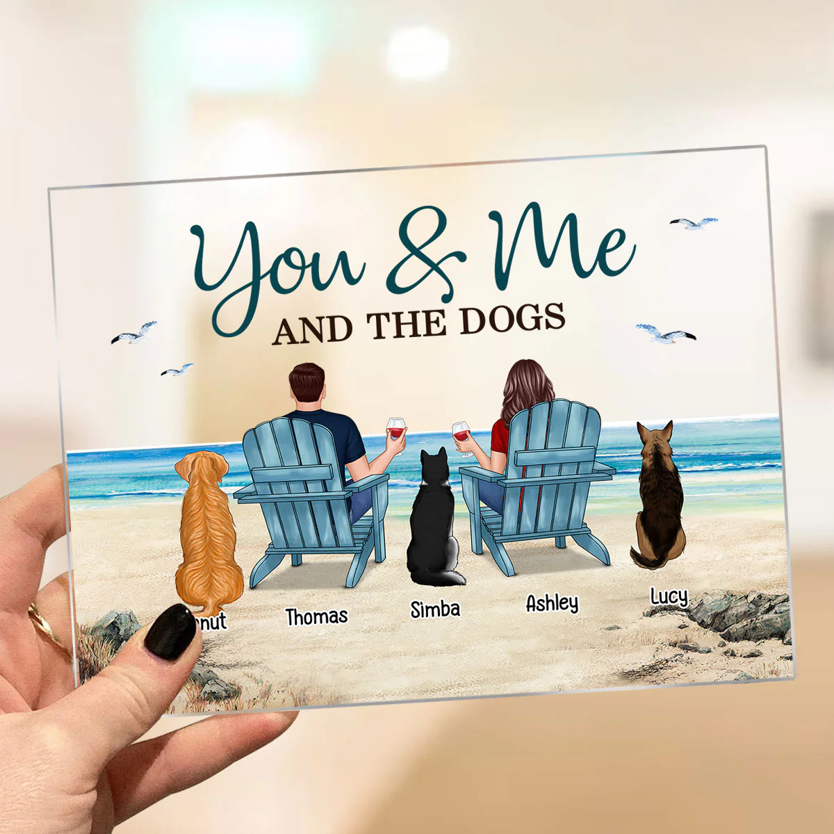 You Me & The Dogs Back View Couple Beach Landscape Personalized Acrylic Plaque - Image 3