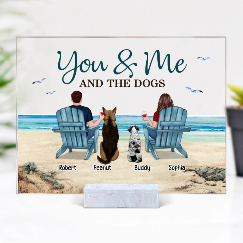 You Me & The Dogs Back View Couple Beach Landscape Personalized Acrylic Plaque - Image 4