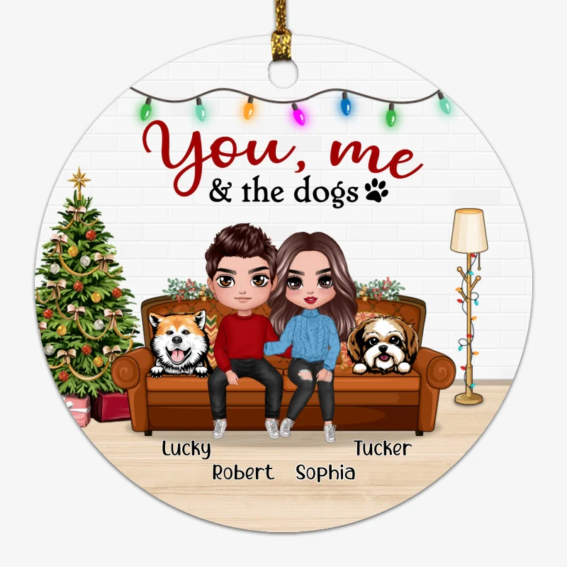 You Me & The Peeking Dogs On Sofa Personalized Circle Ornament - Image 2