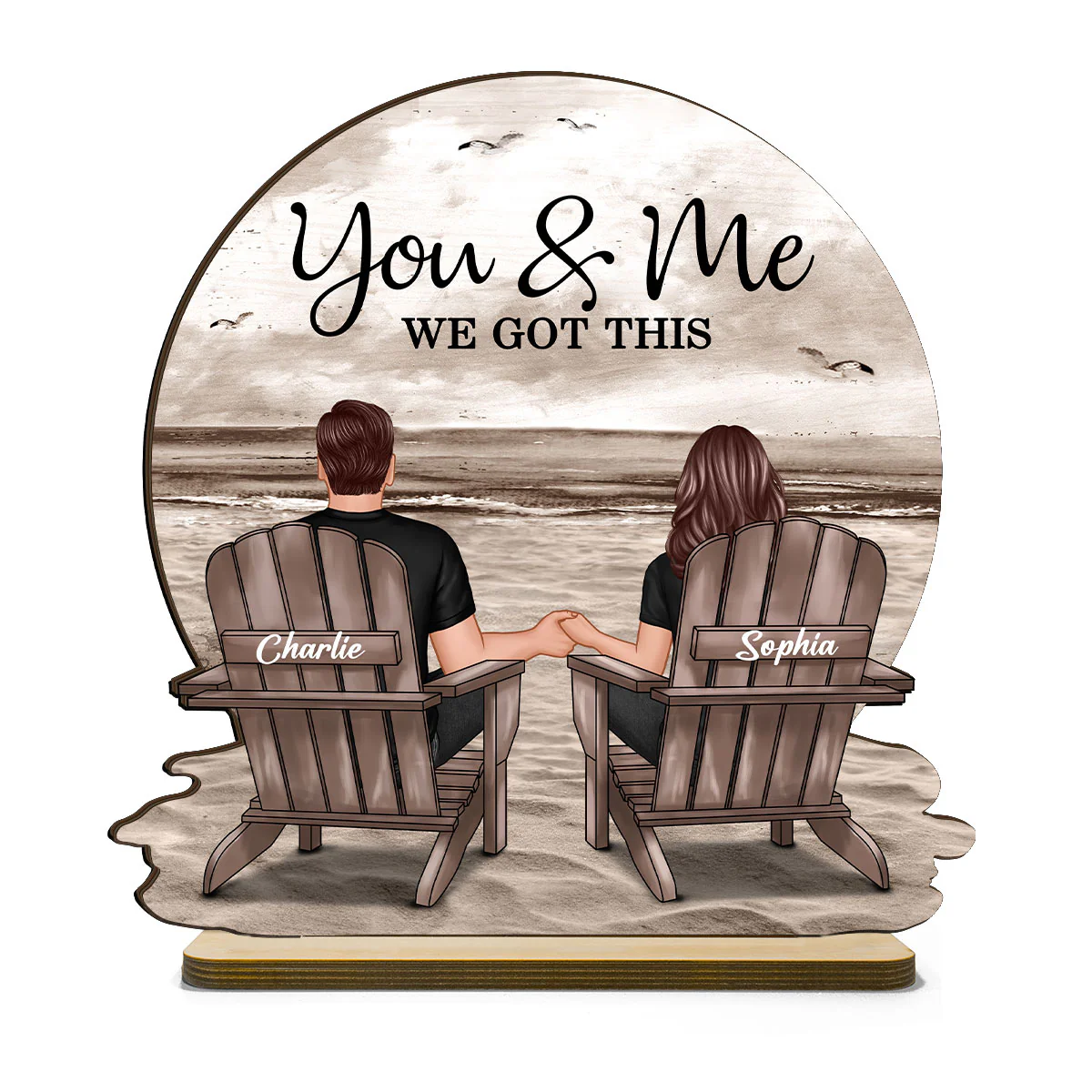 You & Me We Got This Couple Back View Sitting At Beach Landscape Personalized Standing Wooden Plaque - Image 2