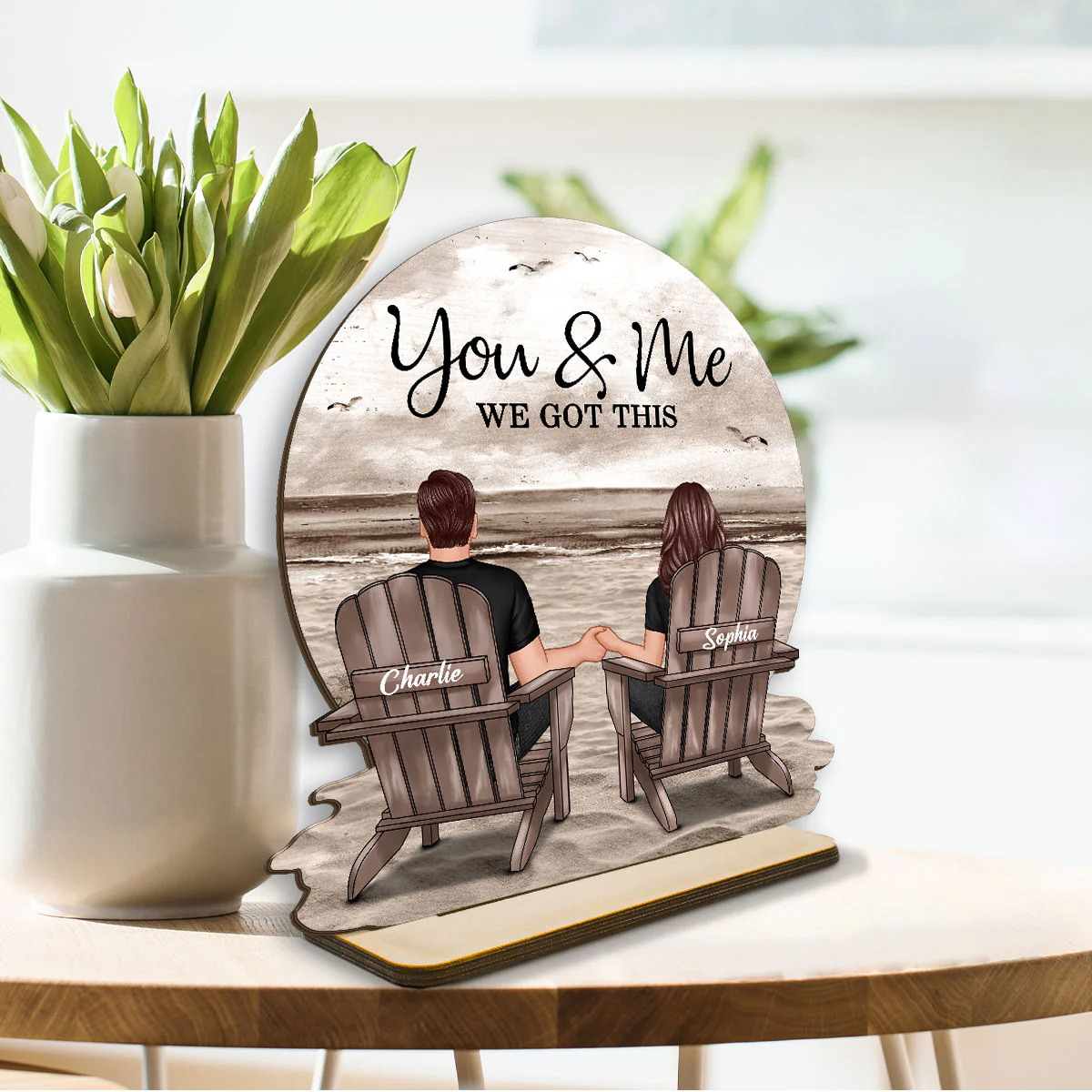 You & Me We Got This Couple Back View Sitting At Beach Landscape Personalized Standing Wooden Plaque - Image 3