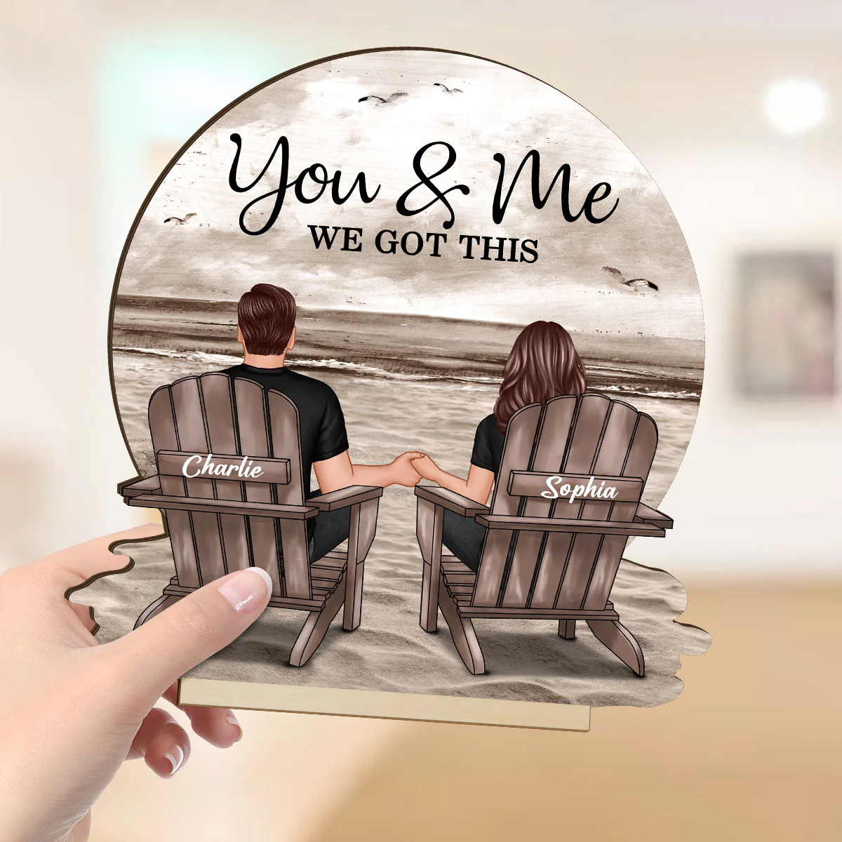 You & Me We Got This Couple Back View Sitting At Beach Landscape Personalized Standing Wooden Plaque - Image 4