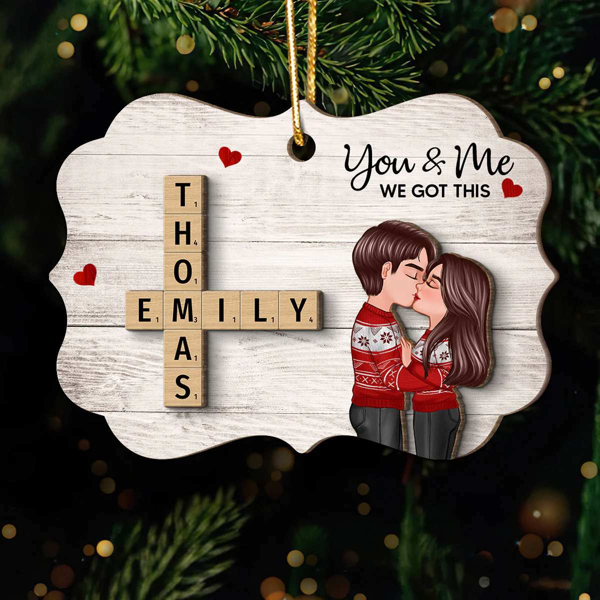You & Me We Got This Couple Hugging Kissing Crossword Puzzle Art Personalized 2-Layer Wooden Ornament