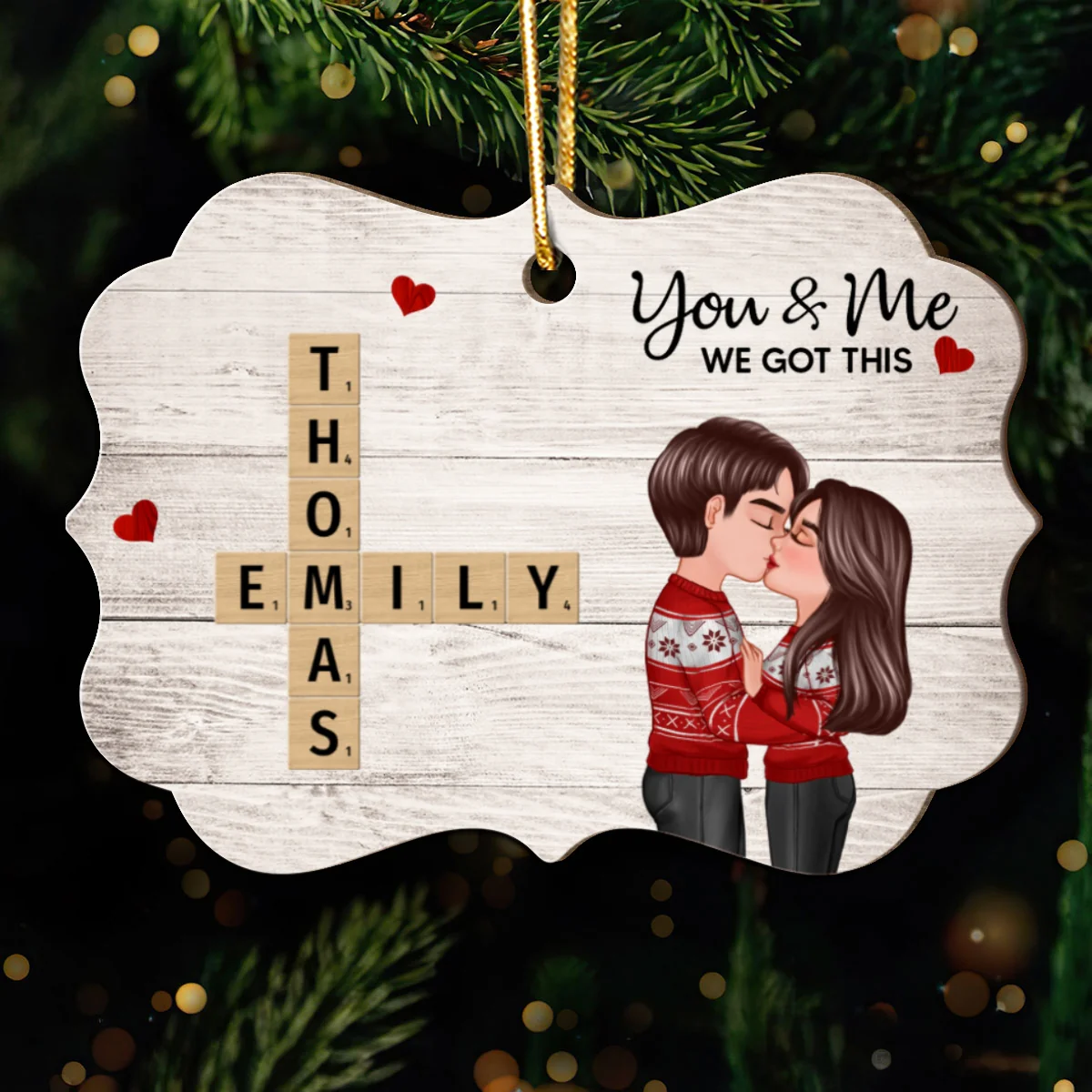 You & Me We Got This Couple Hugging Kissing Crossword Puzzle Art Personalized 2-Layer Wooden Ornament - Image 10