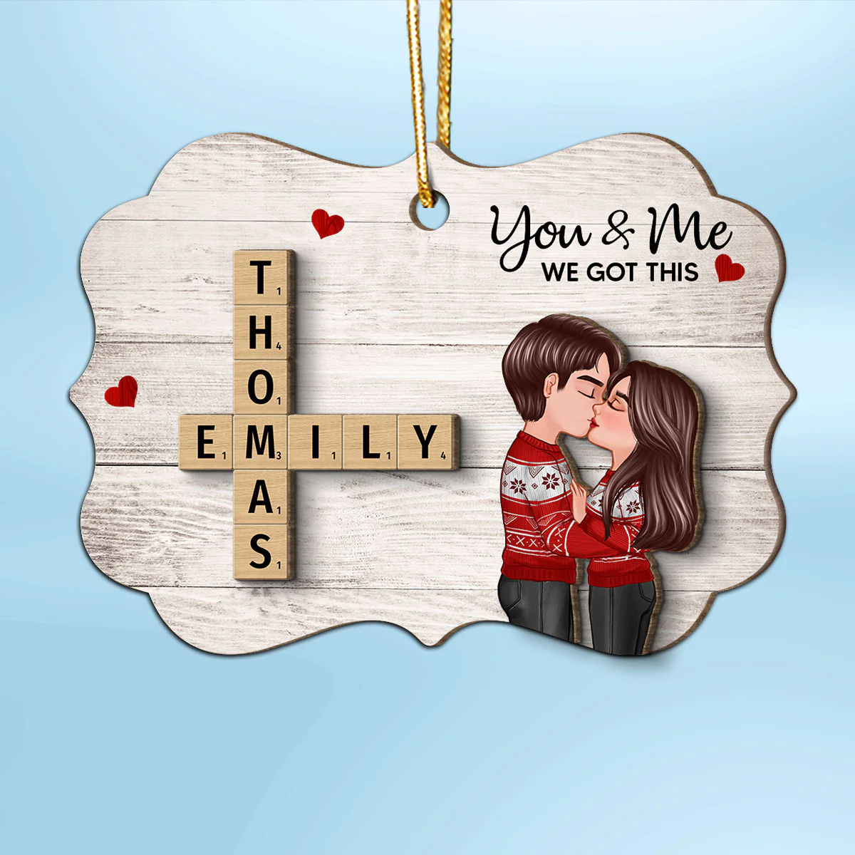 You & Me We Got This Couple Hugging Kissing Crossword Puzzle Art Personalized 2-Layer Wooden Ornament - Image 2
