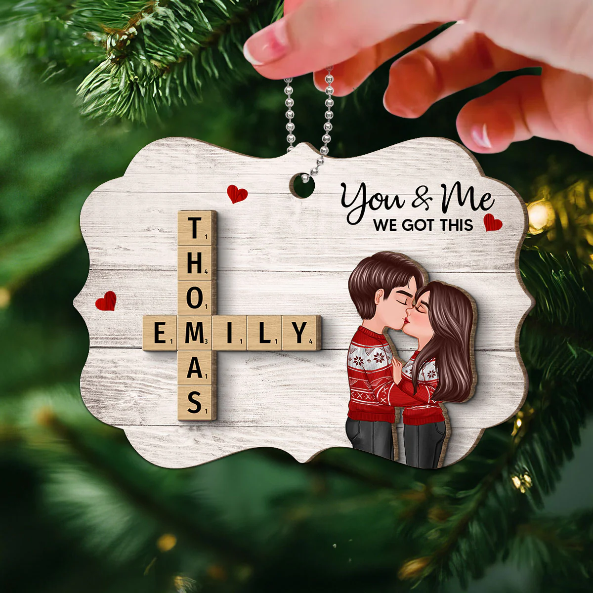 You & Me We Got This Couple Hugging Kissing Crossword Puzzle Art Personalized 2-Layer Wooden Ornament - Image 3