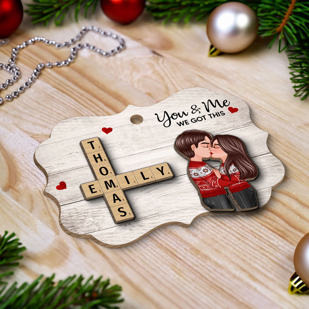 You & Me We Got This Couple Hugging Kissing Crossword Puzzle Art Personalized 2-Layer Wooden Ornament - Image 4